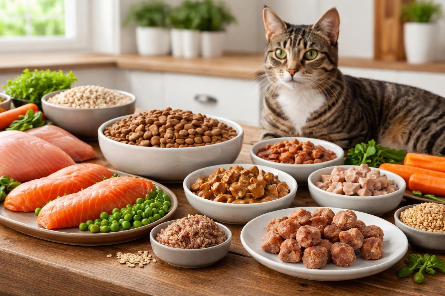 A variety of commercial cat foods including dry kibble, canned food, and raw portions displayed with fresh ingredients on a table, with a healthy cat looking at the food.