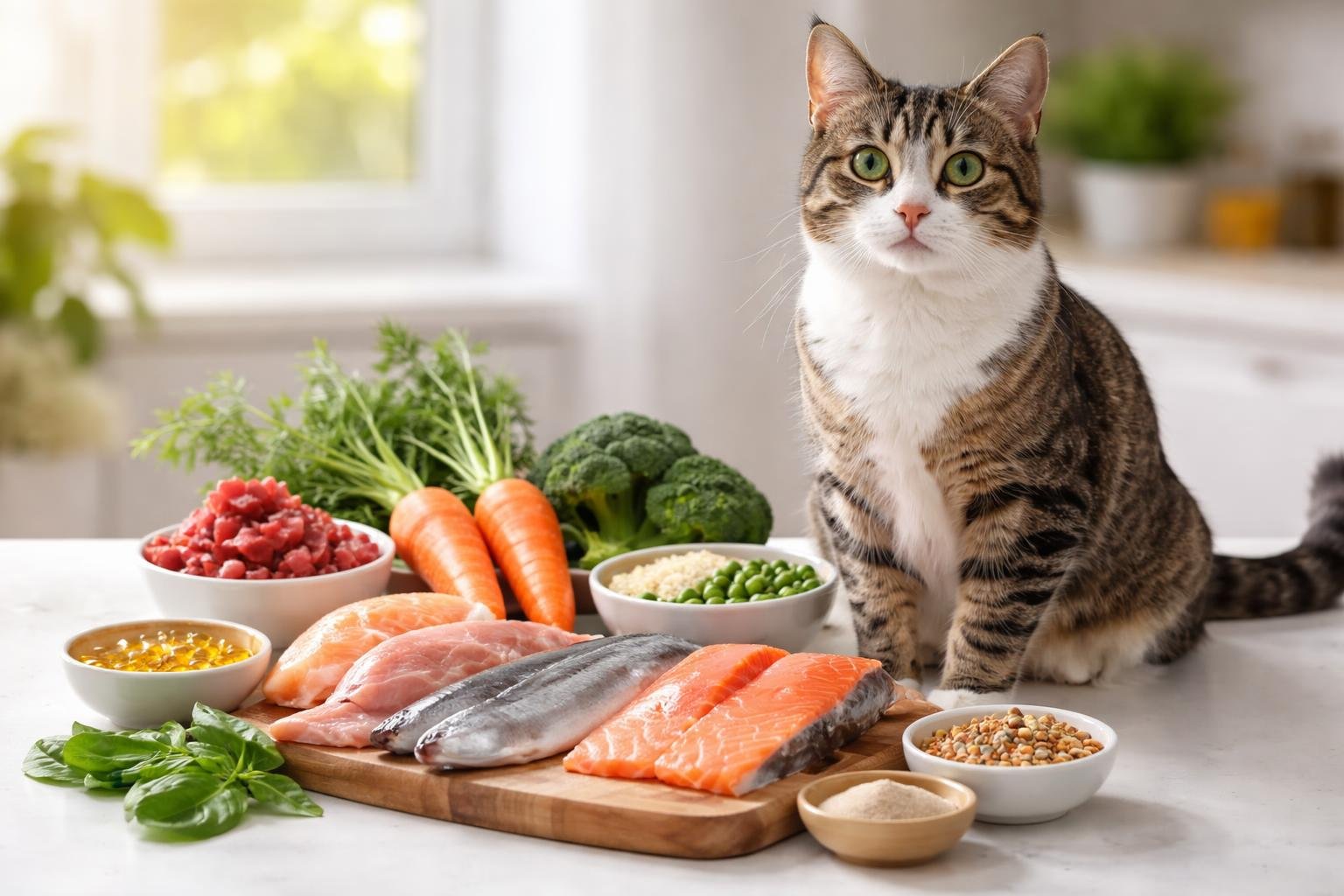 A healthy adult cat sitting next to fresh ingredients for balanced cat food including chicken, fish, vegetables, and supplements on a white surface.