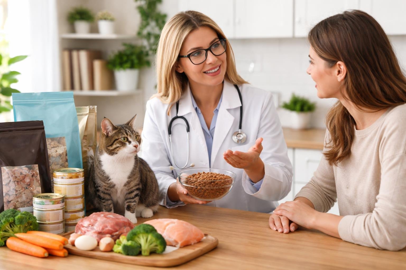 A veterinarian advising a cat owner about healthy cat food options while a cat sits nearby on a kitchen table.