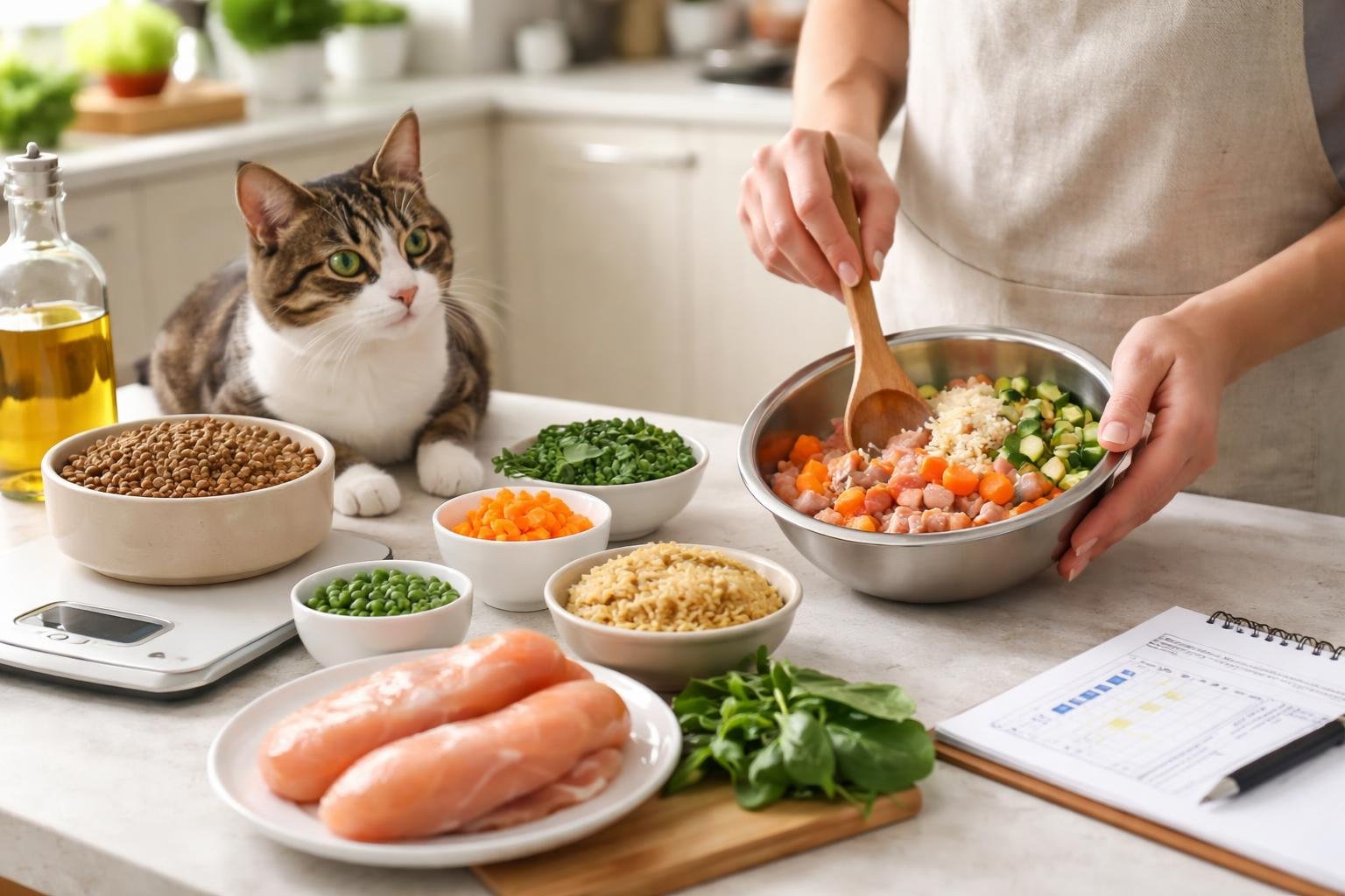 A person preparing a balanced meal for a healthy cat in a kitchen, with fresh ingredients and pet health monitoring tools nearby.