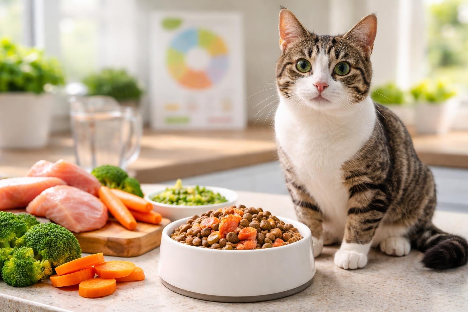 A healthy cat sitting next to a bowl of mixed cat food with fresh ingredients like chicken and vegetables nearby in a bright kitchen.