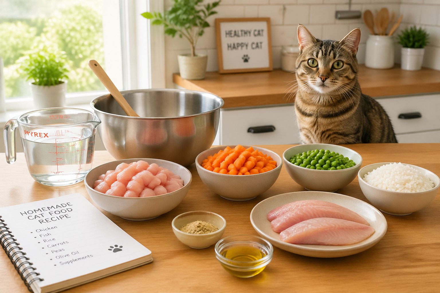 A kitchen countertop with fresh ingredients and bowls for preparing homemade cat food, with a domestic cat watching nearby.