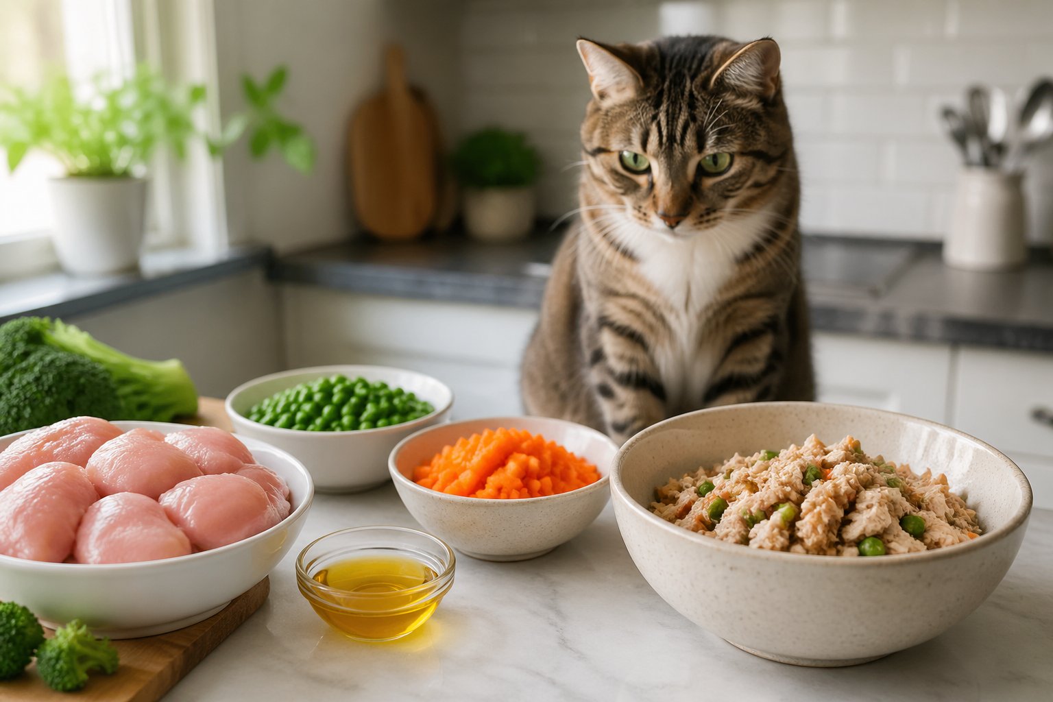 A healthy cat looking at a bowl of homemade cat food surrounded by fresh ingredients on a kitchen countertop.