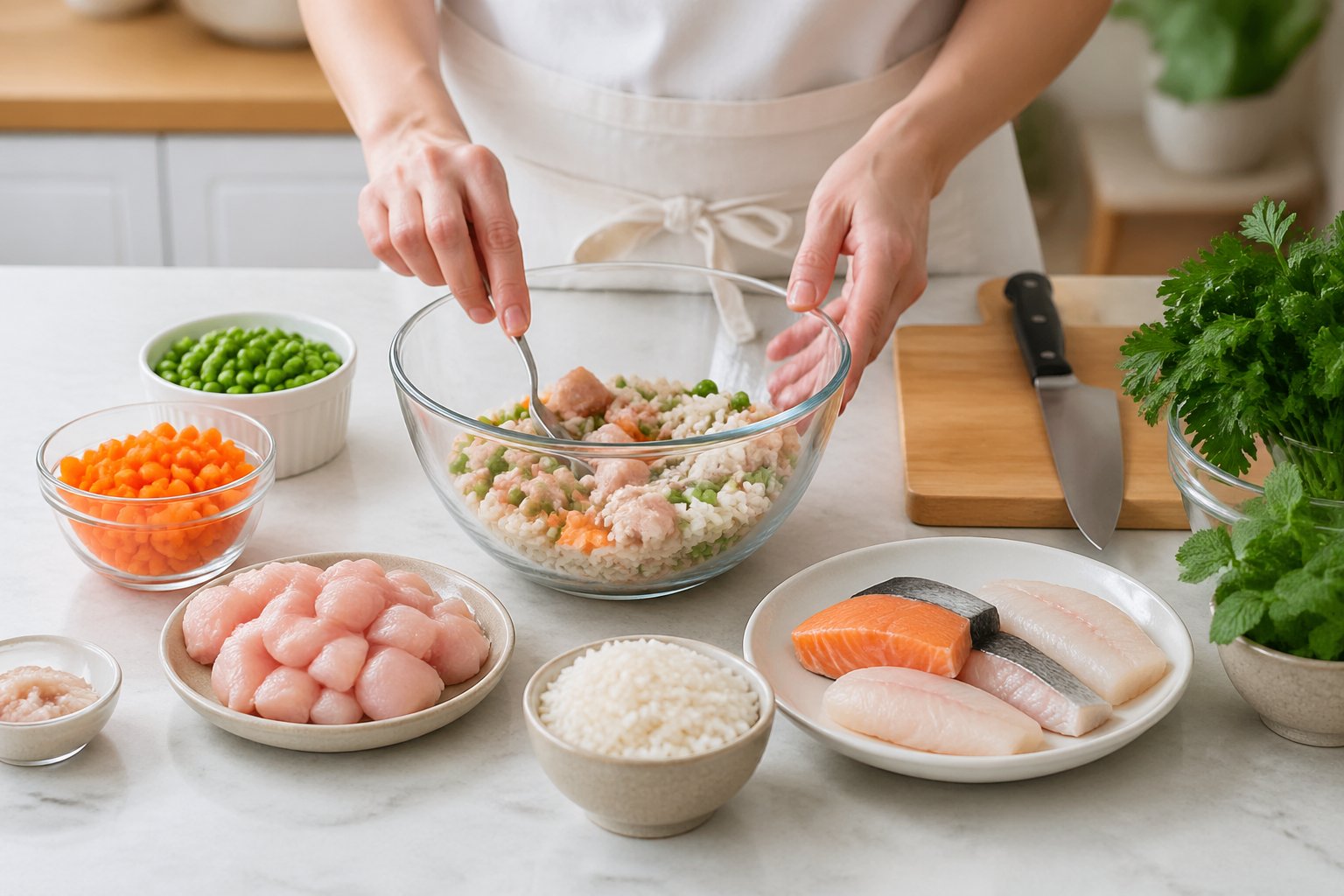 Hands mixing fresh, safe ingredients for homemade cat food on a kitchen countertop with bowls of raw meat, vegetables, and rice.