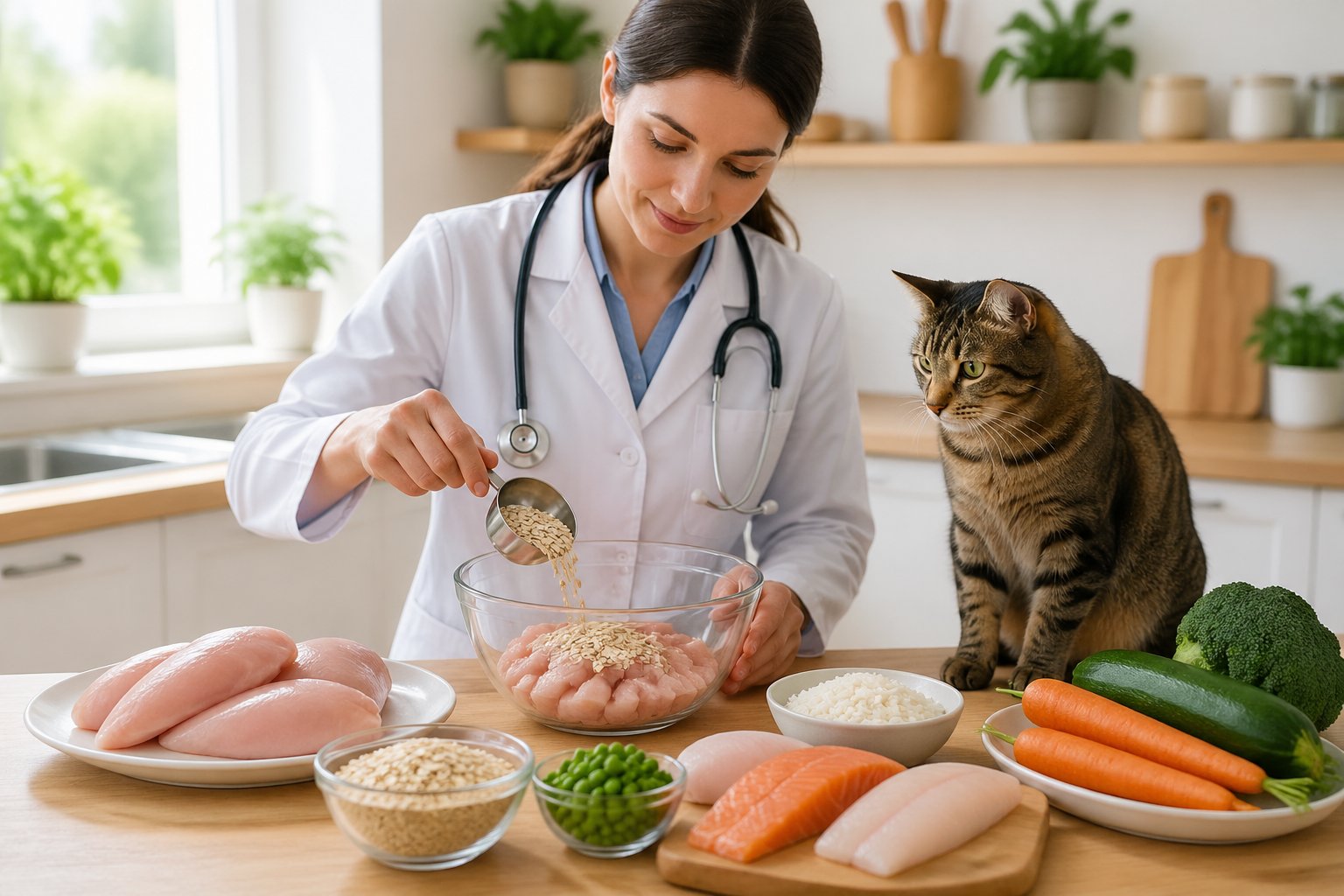A person preparing a balanced homemade cat food meal with fresh ingredients while a healthy cat watches attentively in a bright kitchen.