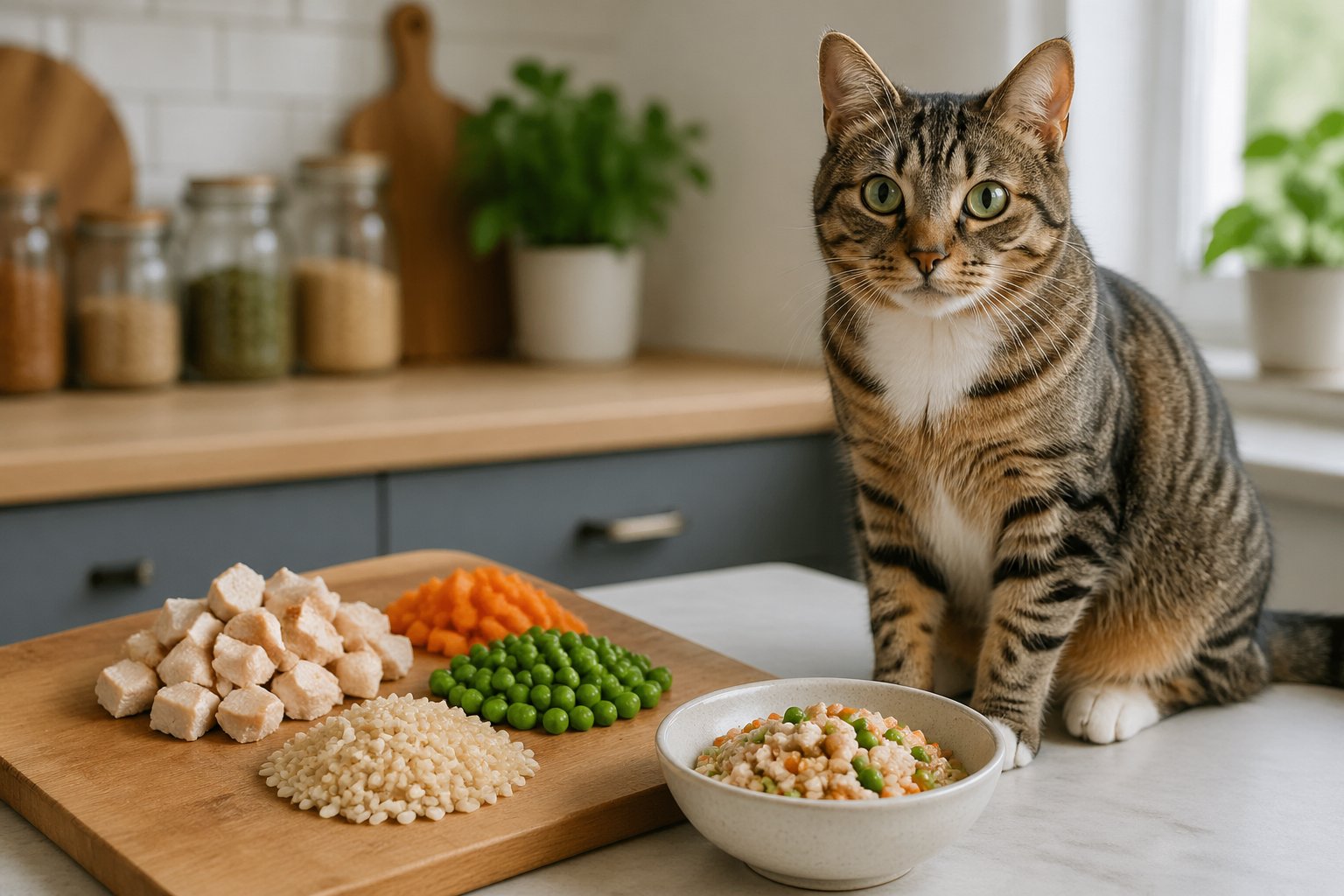 A domestic cat sitting next to a bowl of homemade cat food made with chicken, vegetables, and rice in a bright kitchen.