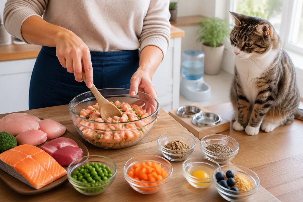 A person preparing homemade cat food in a kitchen while a cat watches nearby.