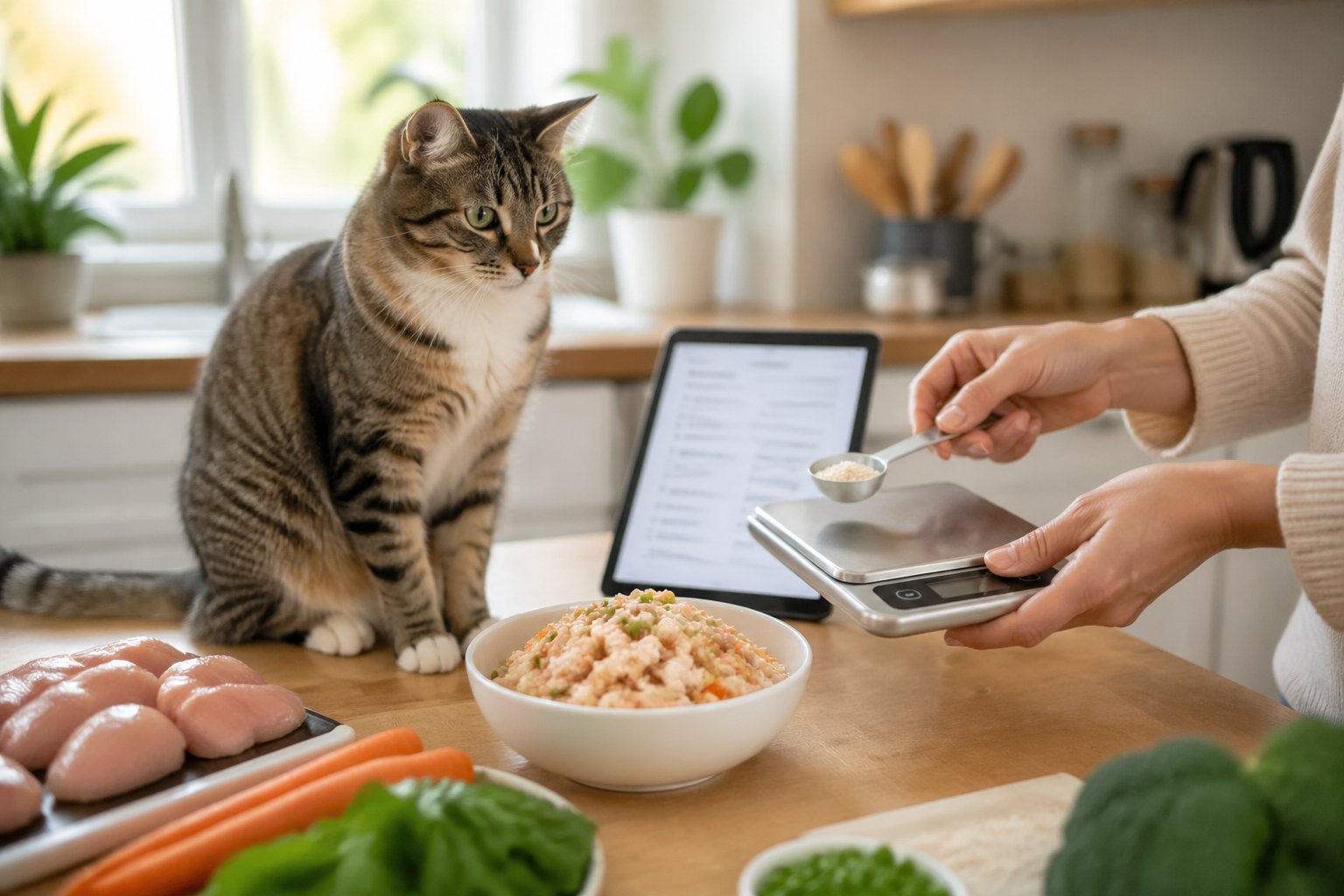 A healthy cat sitting next to a bowl of homemade cat food on a kitchen counter with a person weighing ingredients nearby.