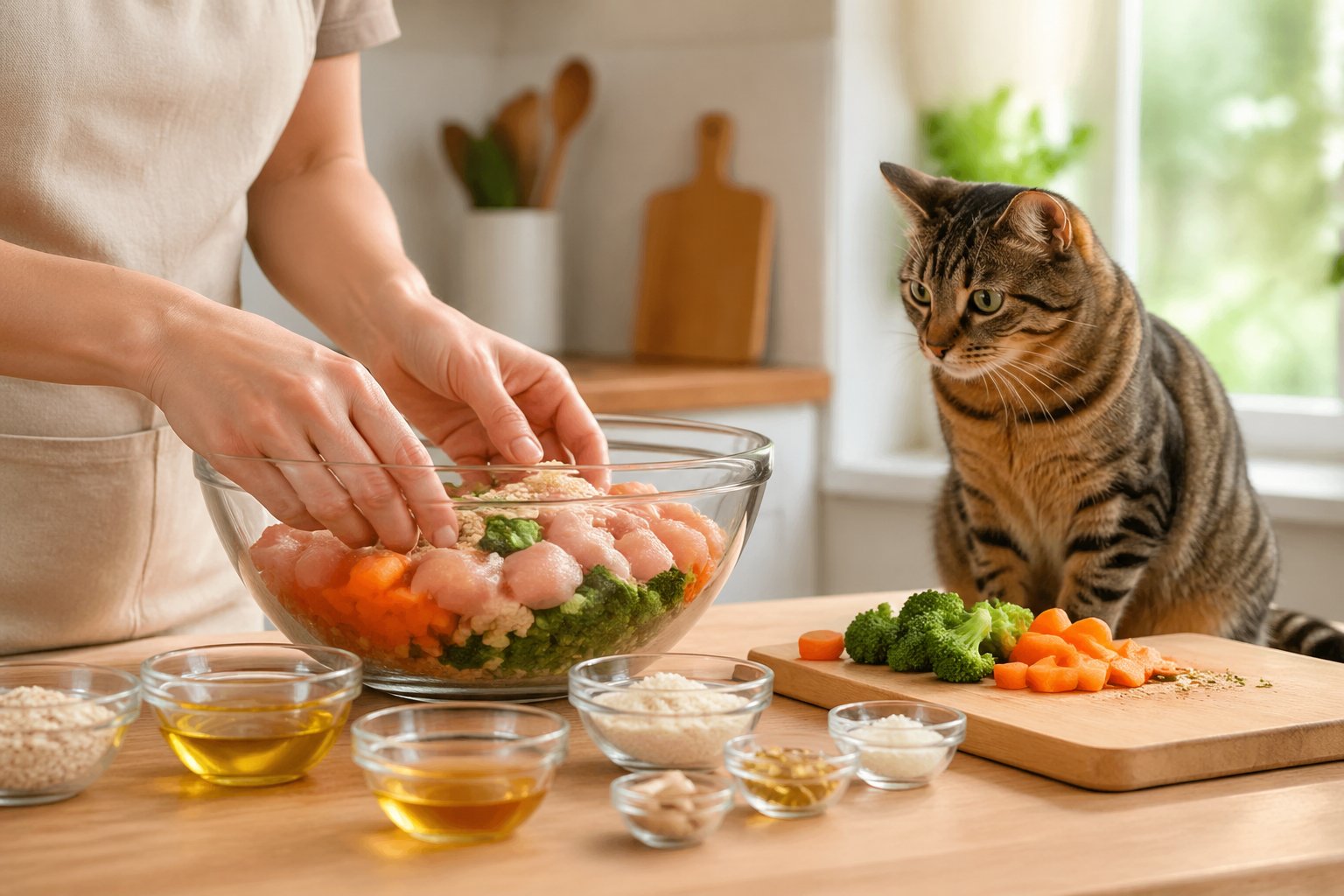 A person preparing fresh homemade cat food in a kitchen while a cat watches nearby.
