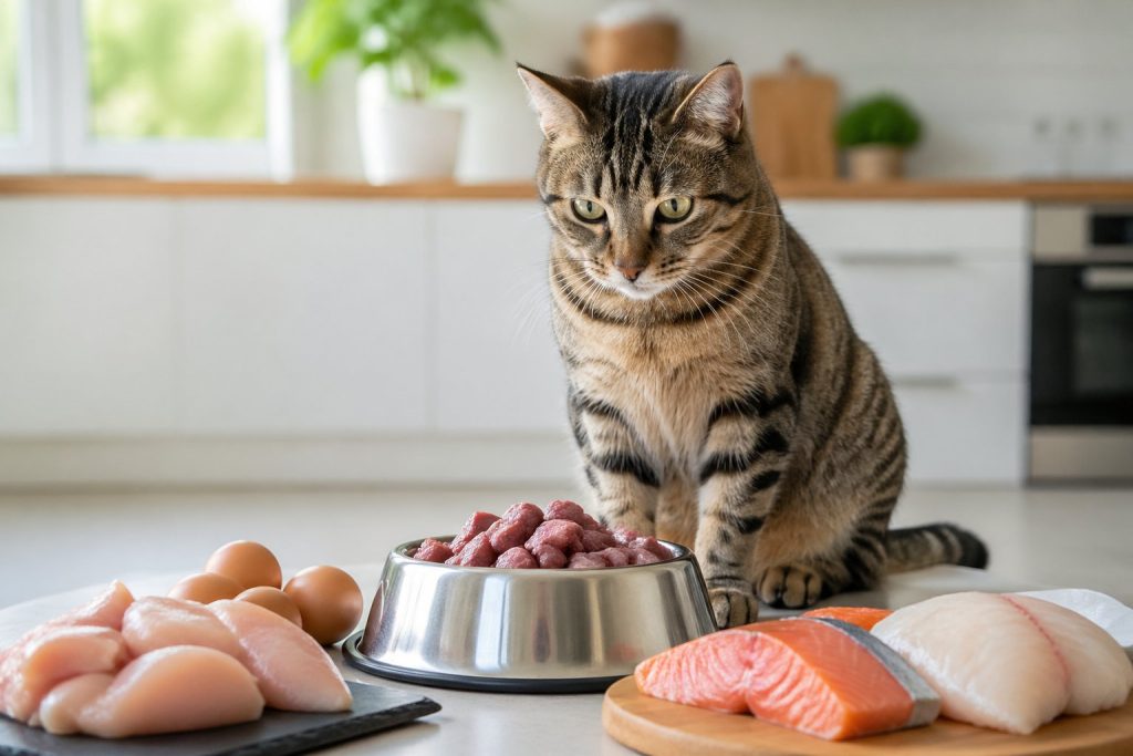 A healthy cat sitting next to a bowl of high-protein cat food with fresh ingredients nearby in a bright kitchen.