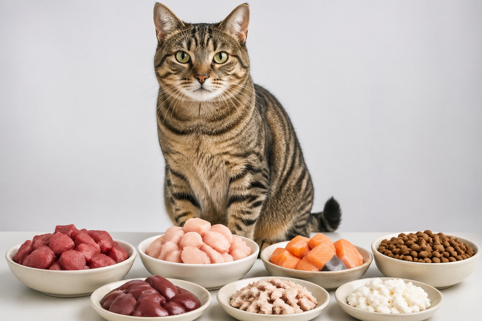 A healthy domestic cat sitting near bowls of high-protein cat food including meat, fish, and kibble.