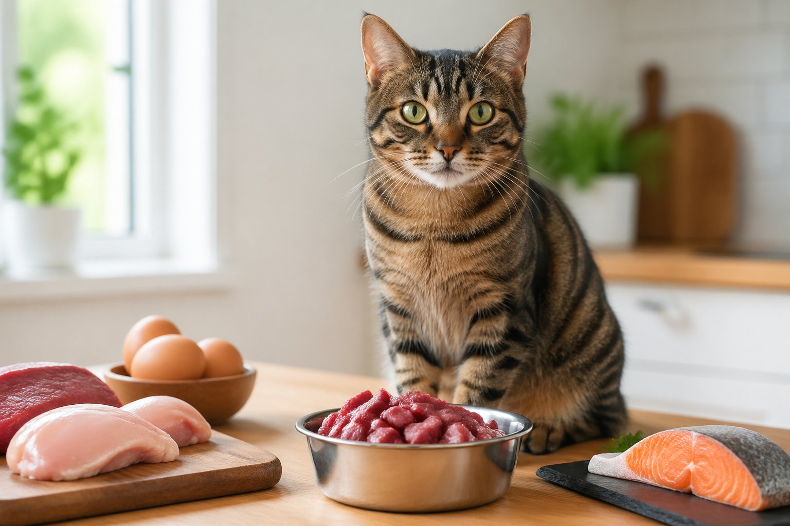 A healthy domestic cat sitting next to a bowl of cat food on a kitchen countertop with fresh meat and eggs nearby.