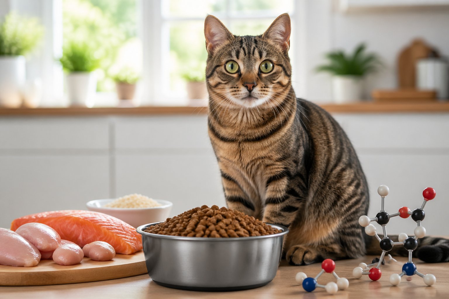 A healthy domestic cat sitting next to a bowl of cat food in a bright kitchen.