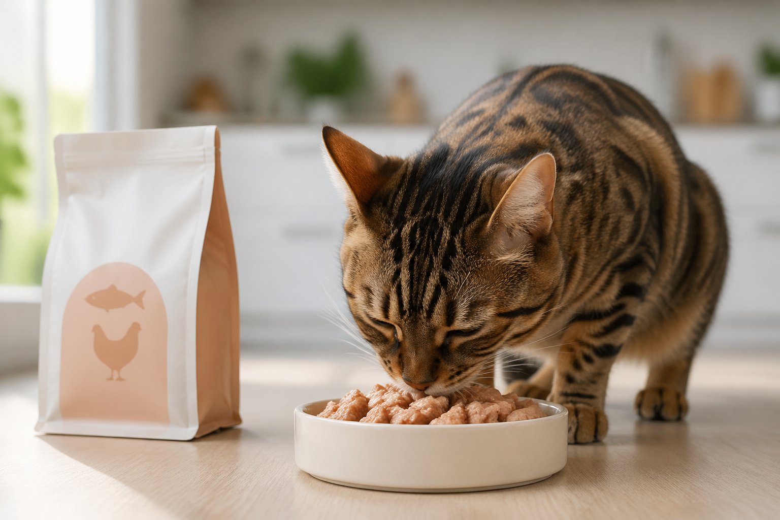 A healthy cat eating from a bowl of high-protein cat food in a bright kitchen setting.