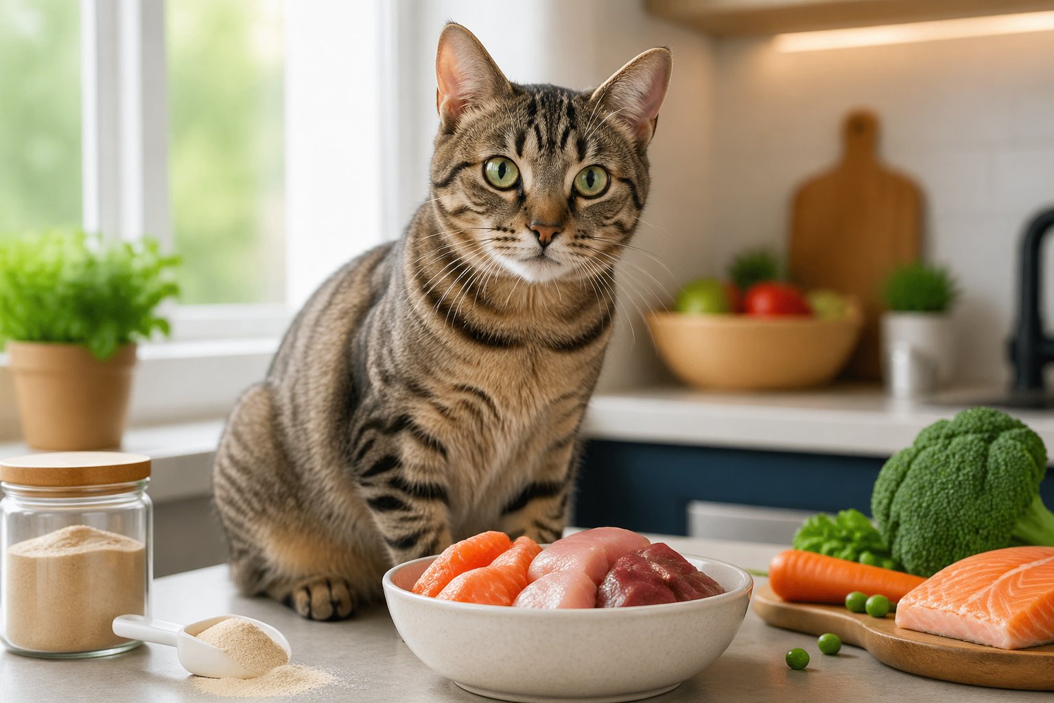 A healthy domestic cat sitting next to a bowl of high-protein cat food on a kitchen countertop with natural light.