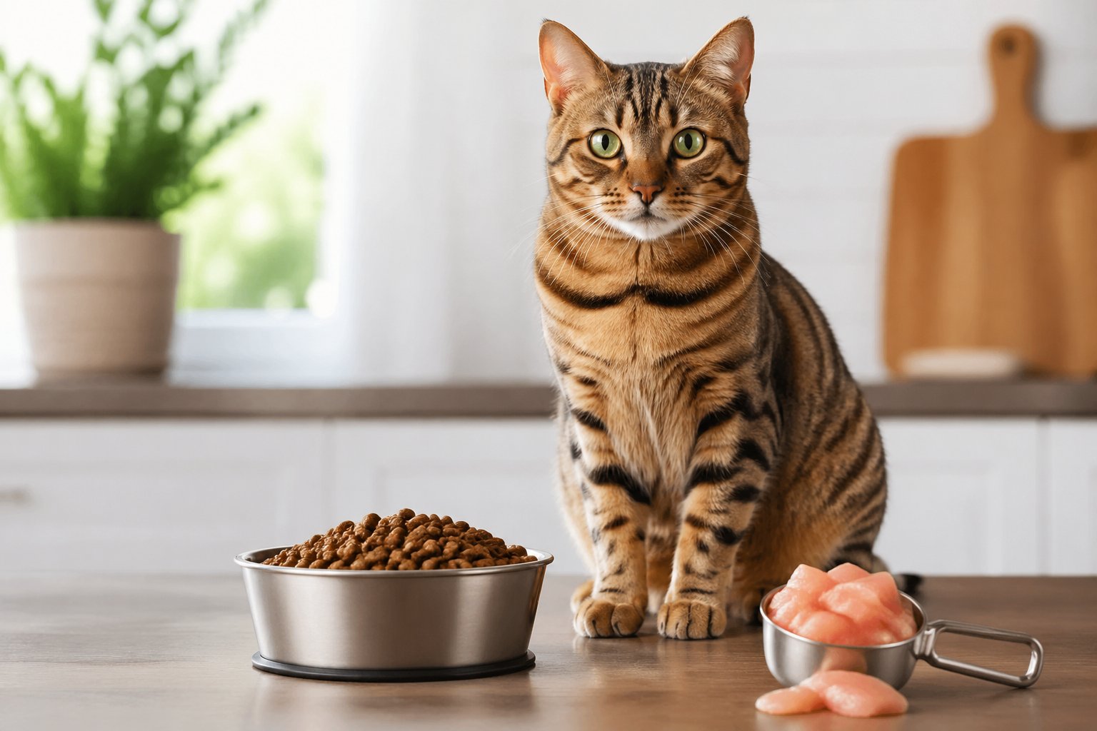 A healthy cat sitting next to a bowl of protein-rich cat food in a bright kitchen.
