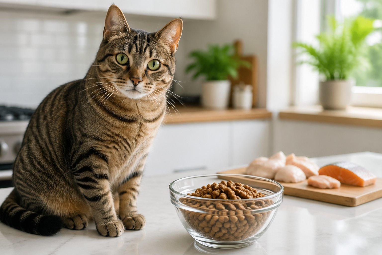 A healthy adult cat sitting next to a bowl of cat food on a kitchen countertop, with pieces of chicken and fish nearby.