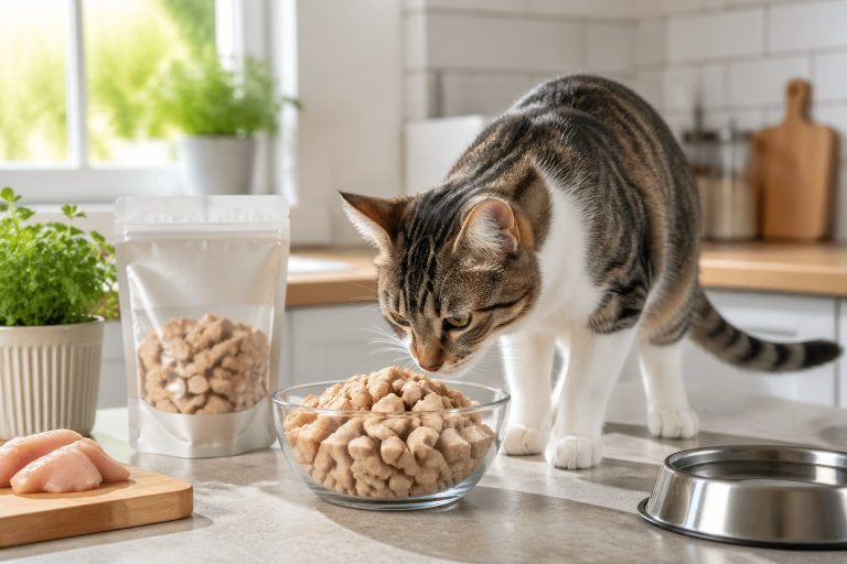 A domestic cat sniffing a bowl of freeze-dried cat food on a kitchen countertop with natural light.