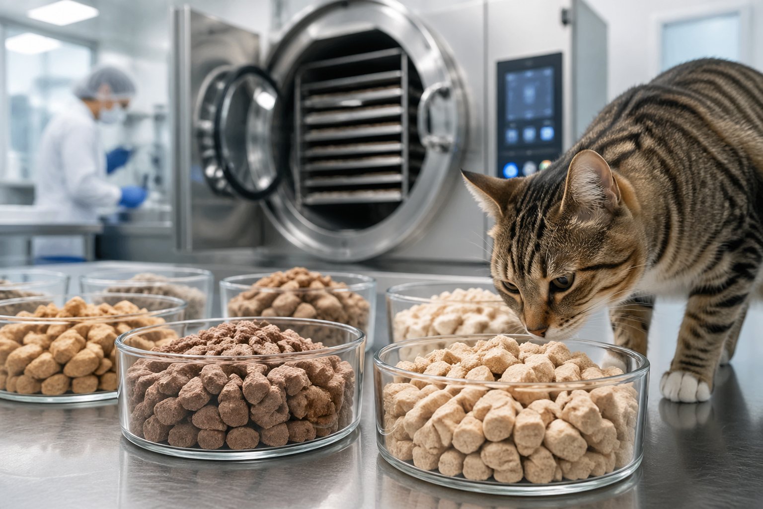 A cat sniffing a bowl of freeze-dried cat food in a clean laboratory with freeze-drying equipment in the background.