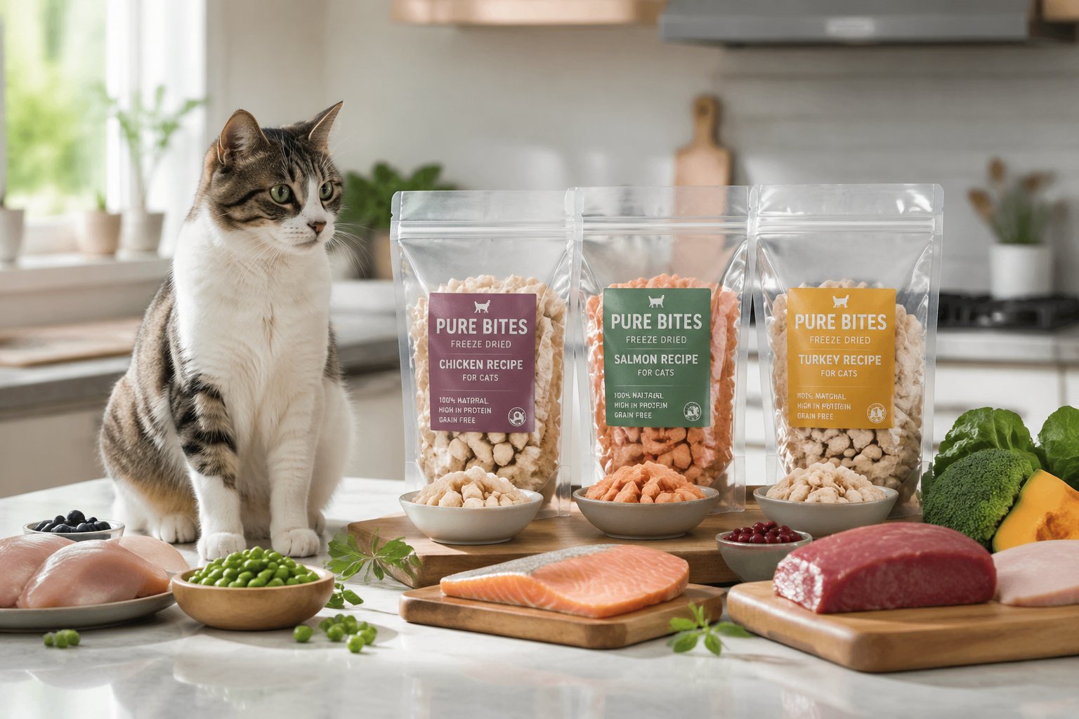 A healthy cat sitting near bowls and packages of freeze-dried cat food on a kitchen counter with fresh ingredients around.