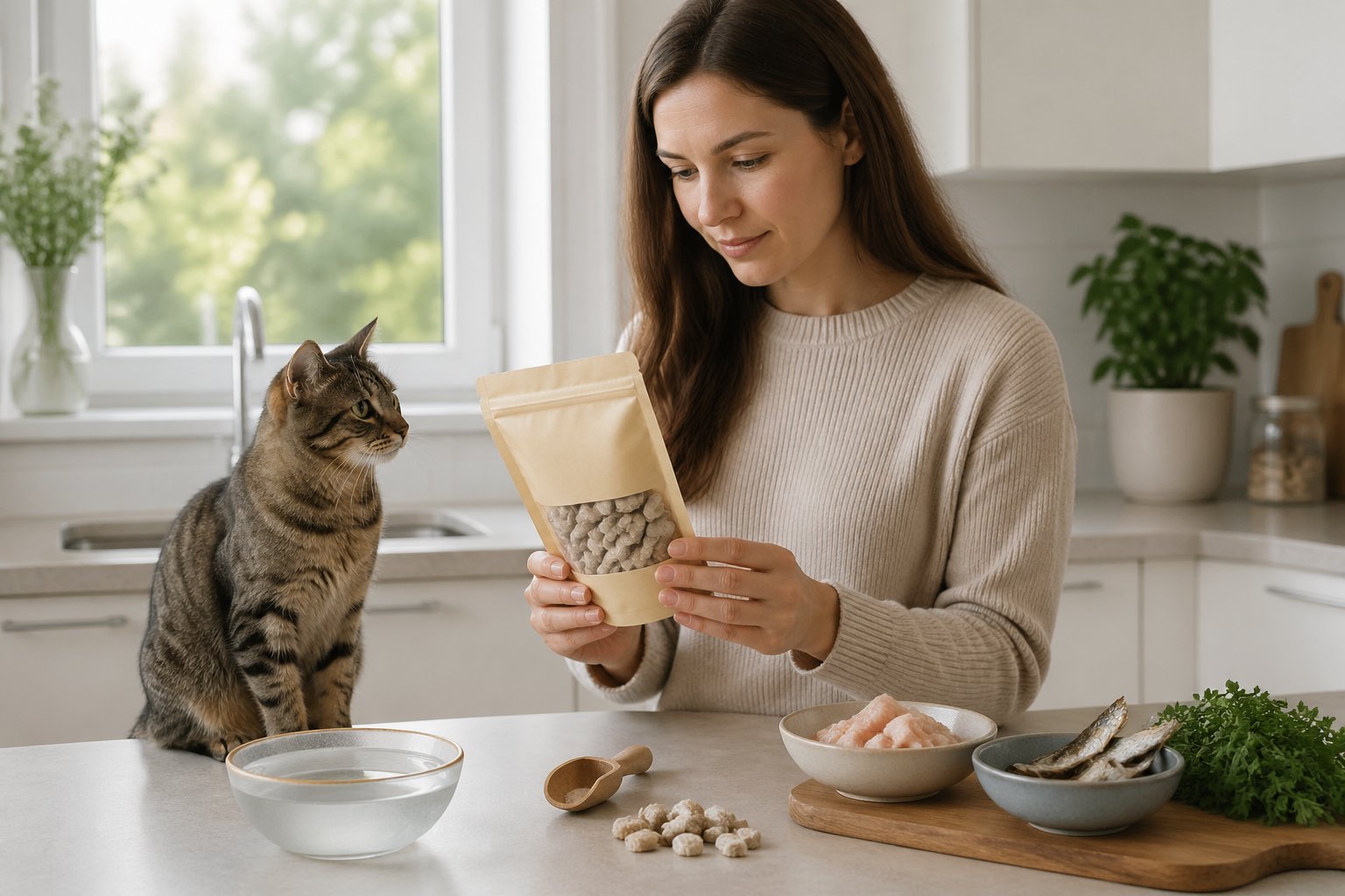 A person examining freeze-dried cat food in a kitchen while a cat watches nearby.