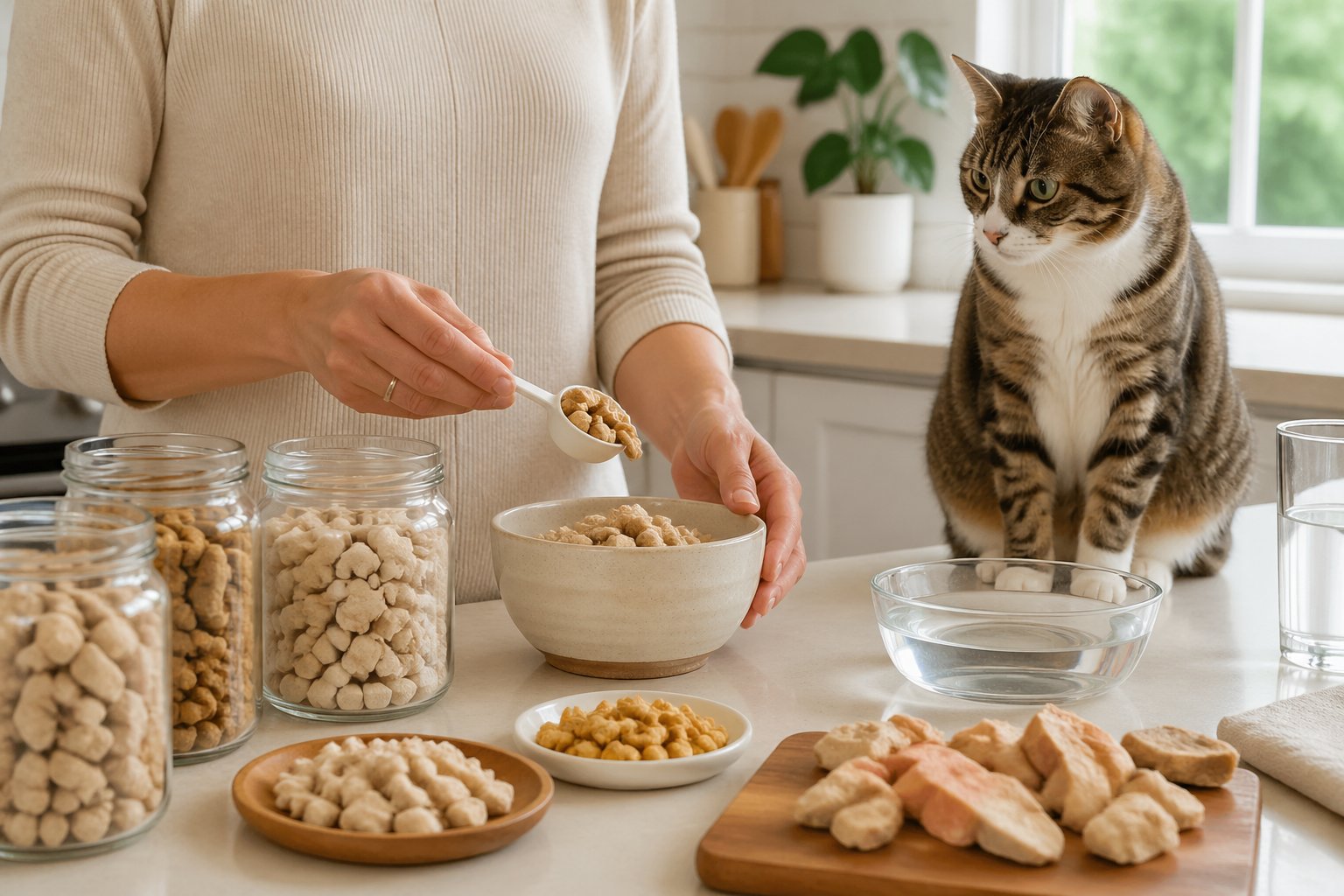 A person preparing freeze-dried cat food on a kitchen counter while a domestic cat watches attentively nearby.