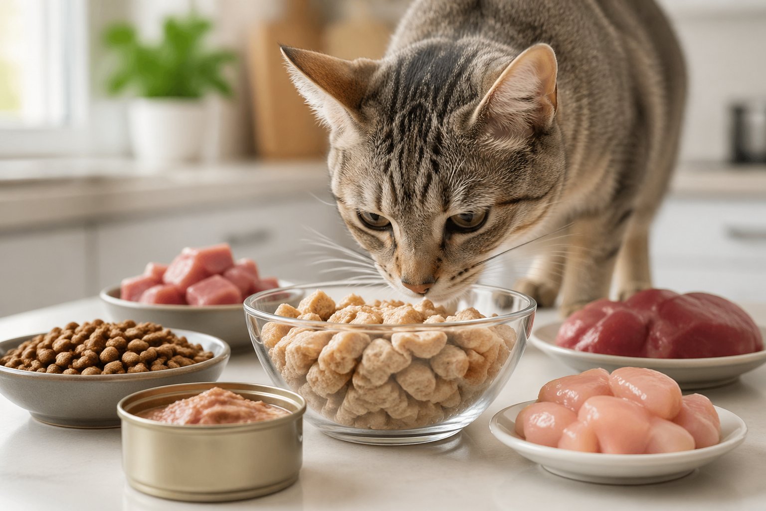 A domestic cat sniffing a bowl of freeze-dried cat food on a kitchen table surrounded by various types of cat food.