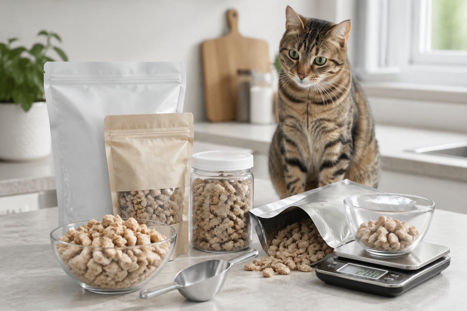 A domestic cat sitting near a kitchen counter with freeze-dried cat food in a bowl and packaging, alongside a digital scale and measuring scoop.
