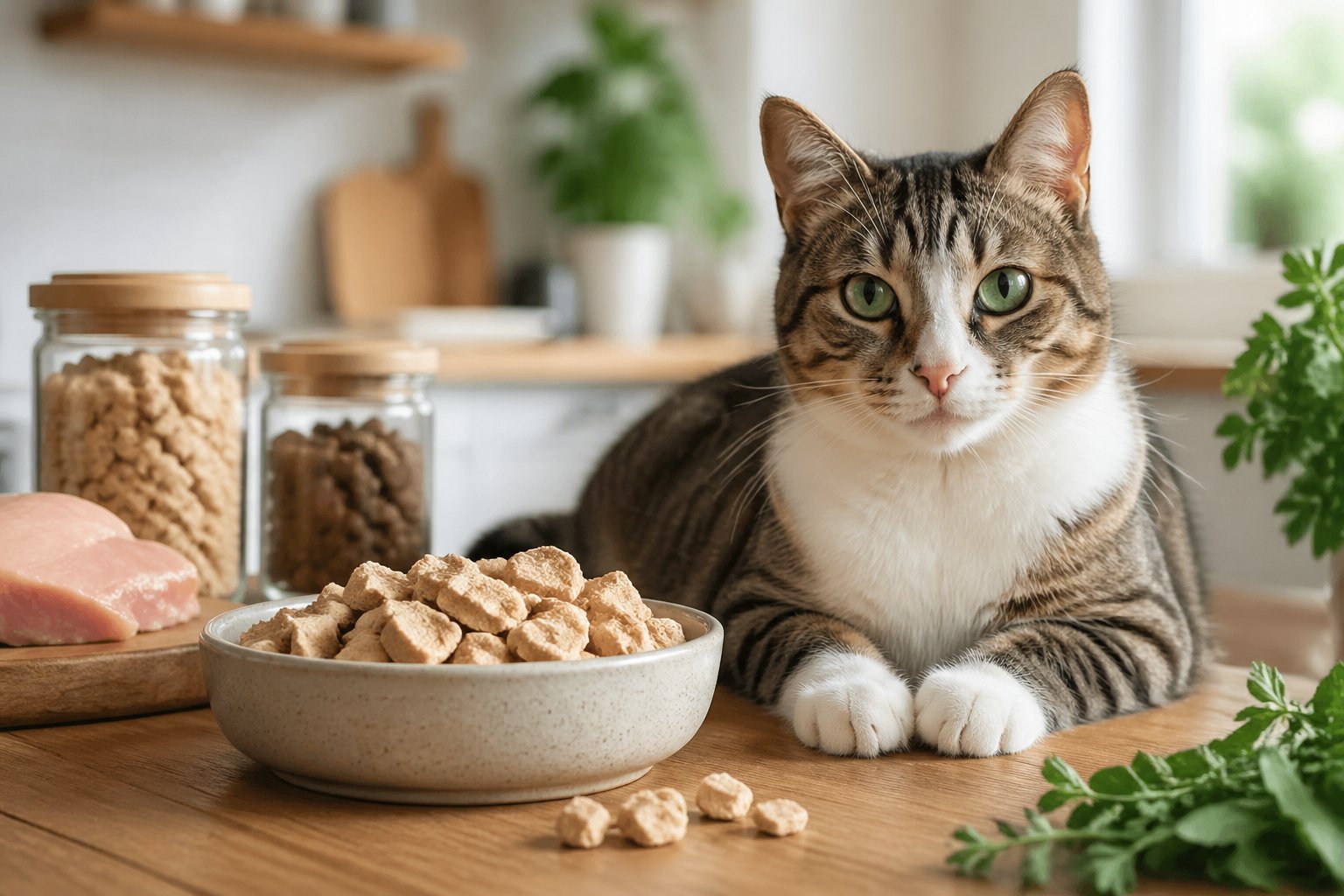 A domestic cat sitting near a bowl of freeze-dried cat food in a bright kitchen setting.