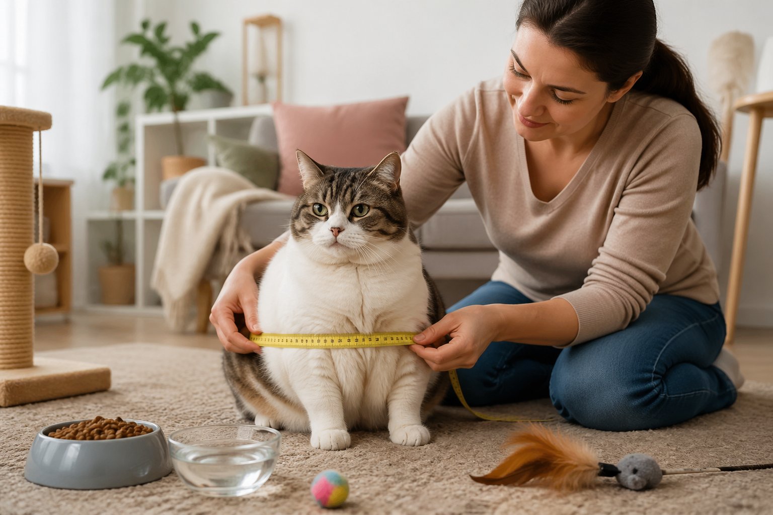 An overweight cat sitting on a living room floor while a person measures its waist with a tape measure.