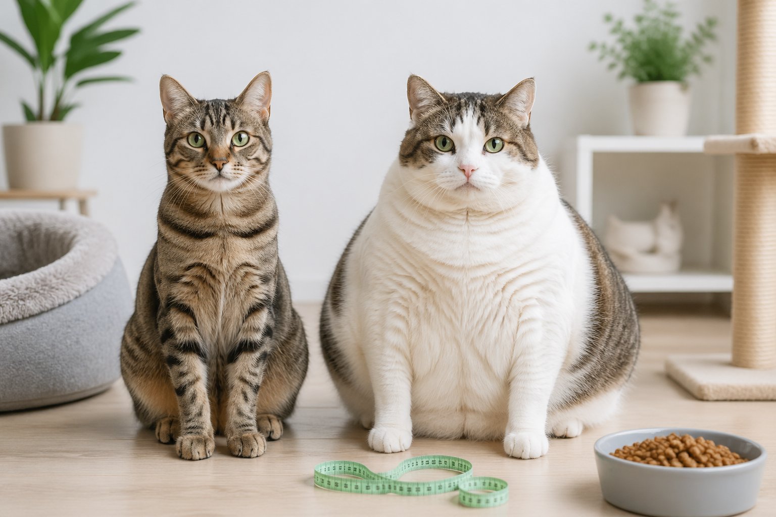 Two domestic cats sitting side by side indoors, one visibly overweight and the other healthy, with a measuring tape and cat food bowl nearby.
