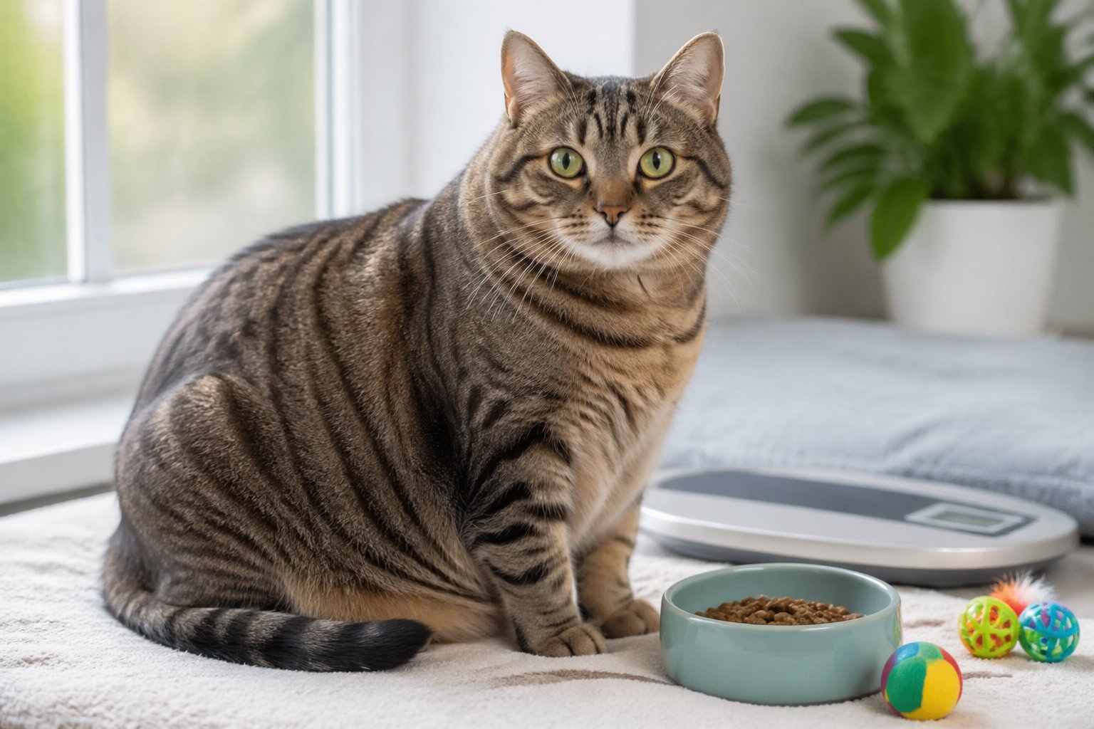 An overweight domestic cat sitting on a soft cushion near a window with natural light, surrounded by pet food and toys.