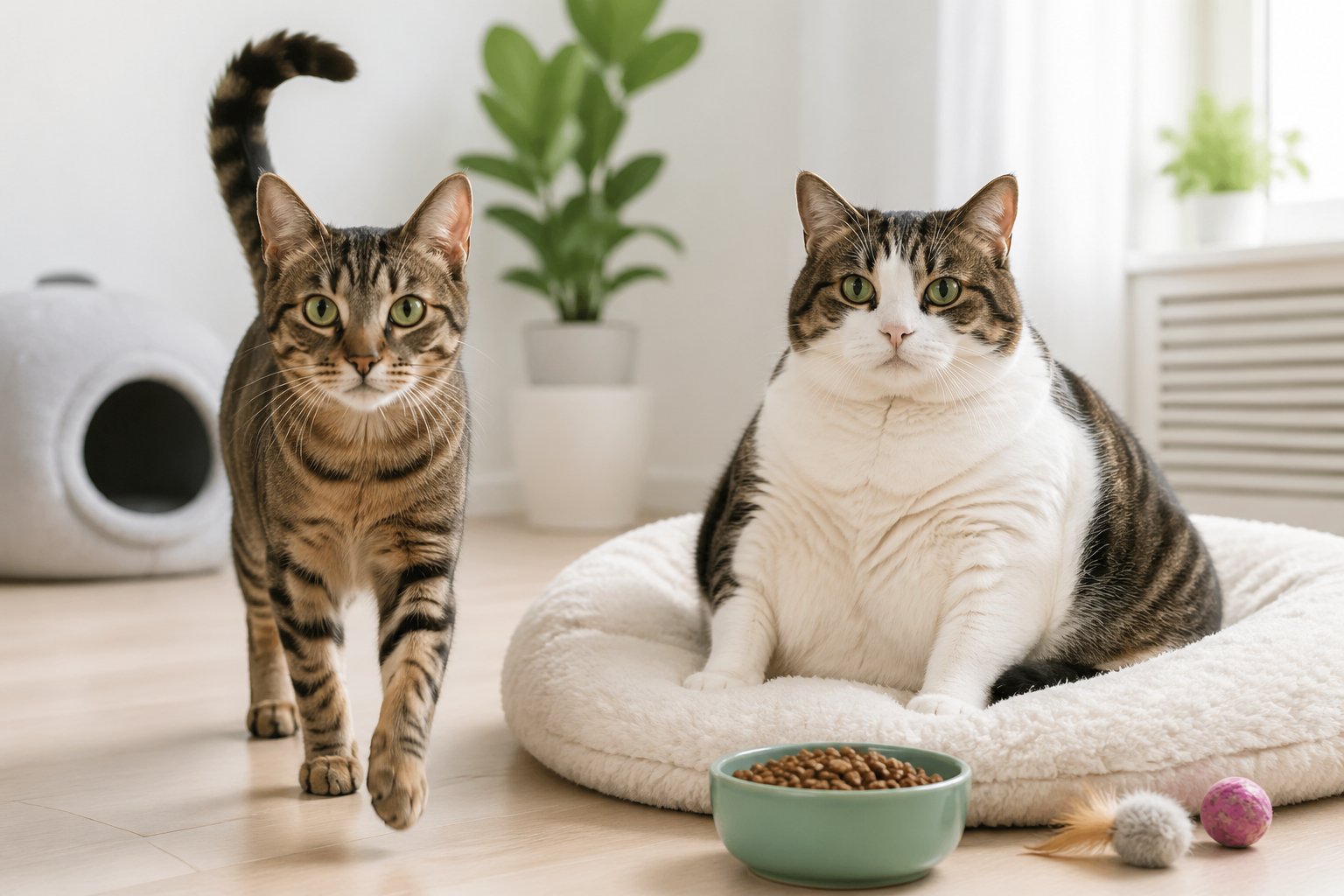 Two domestic cats indoors, one healthy and active, the other overweight and sitting calmly.