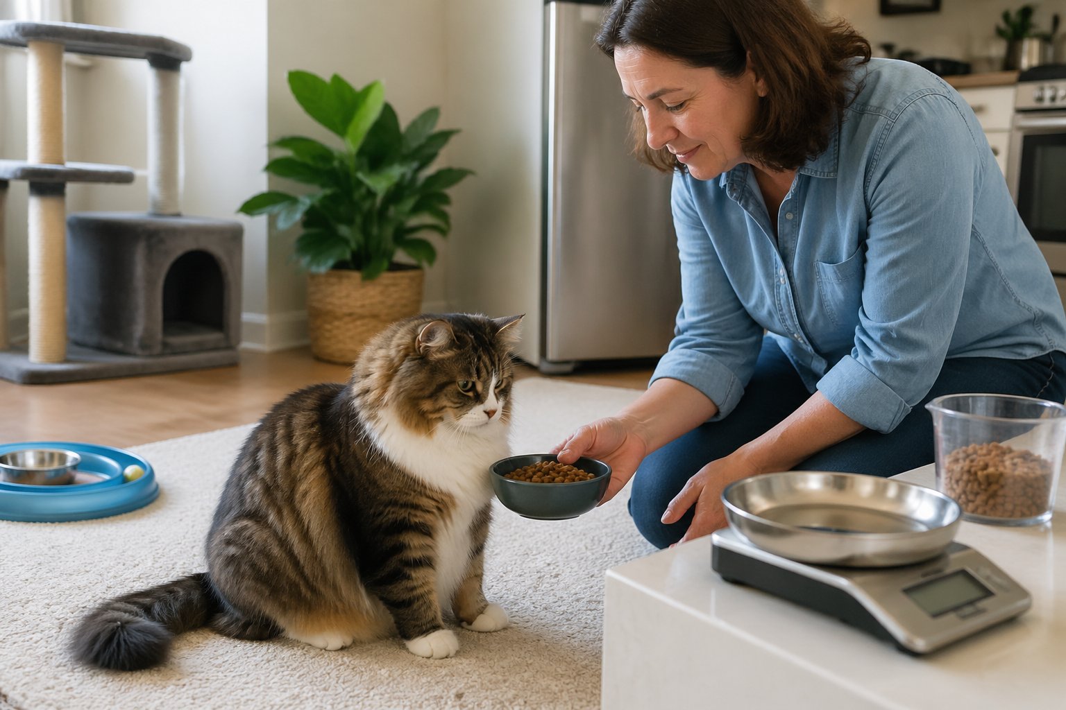 A person feeding a slightly overweight cat in a cozy home setting with a kitchen scale and measuring cup nearby.