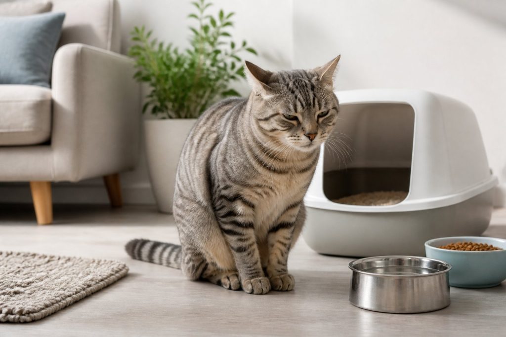 A domestic cat sitting near its litter box in a cozy home, looking slightly uncomfortable.