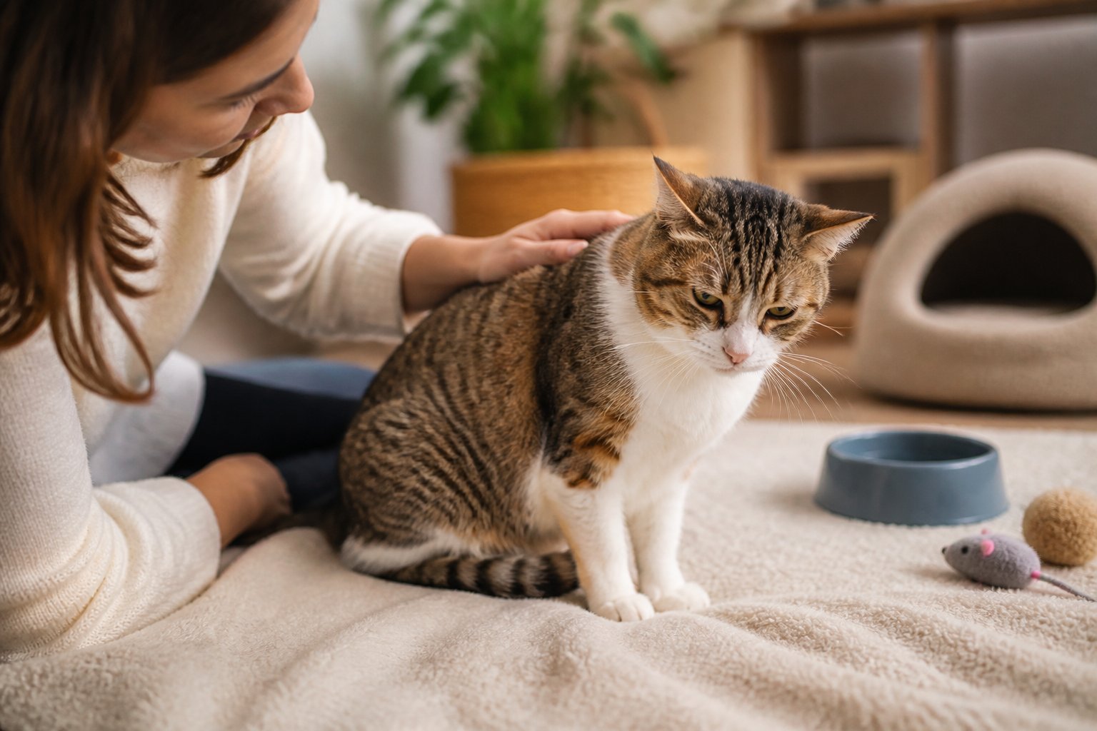 A domestic cat sitting on a soft surface looking slightly uncomfortable while a person gently pets it in a cozy home setting.