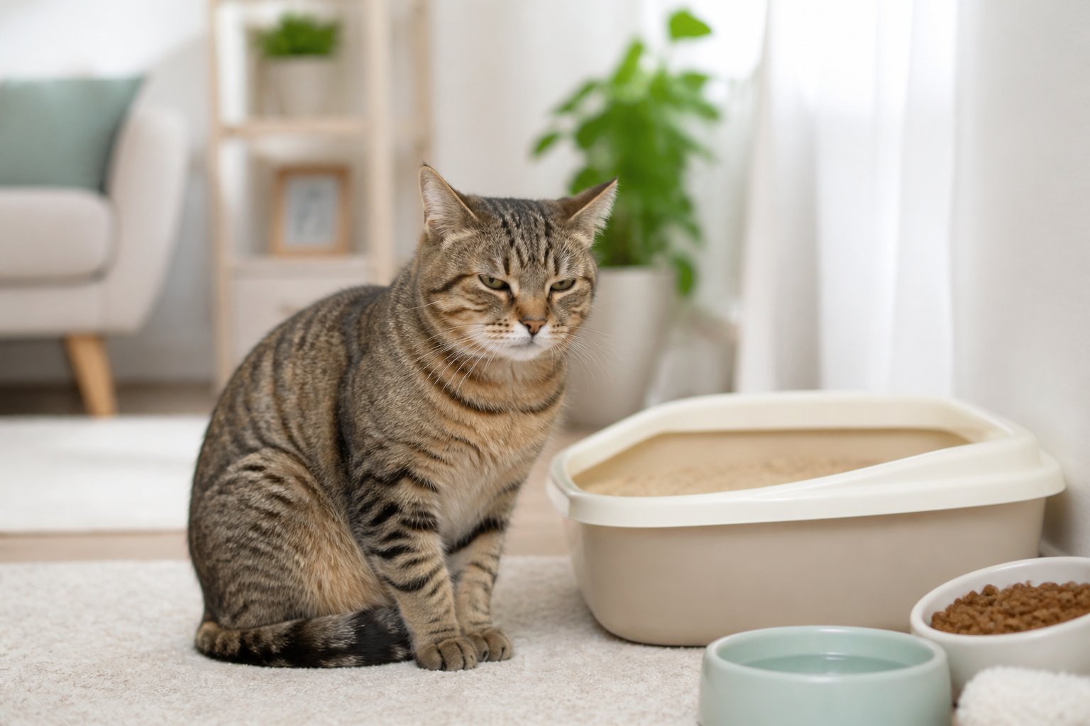 A domestic cat sitting on a living room floor near a litter box, looking slightly uncomfortable.