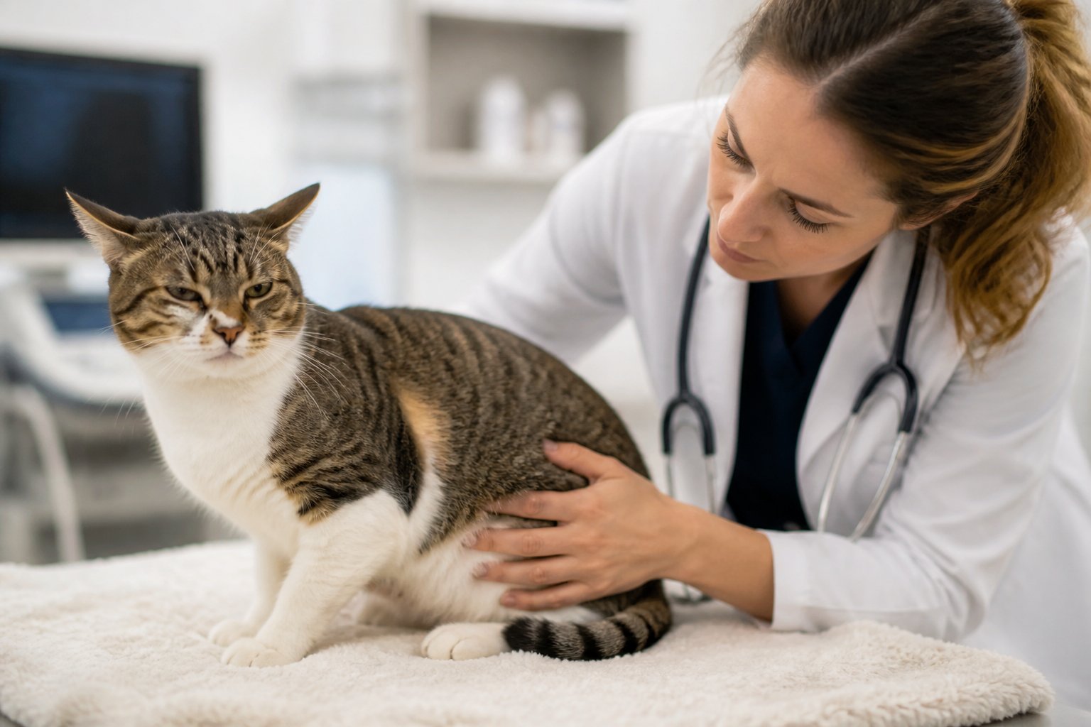 A cat being gently examined by a veterinarian in a clinic, showing concern for the cat's health.