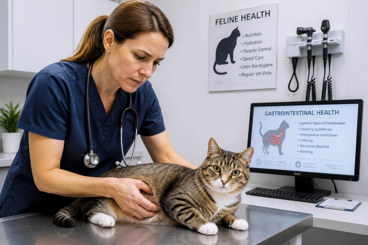A veterinarian gently examining a calm cat on an examination table inside a veterinary clinic.