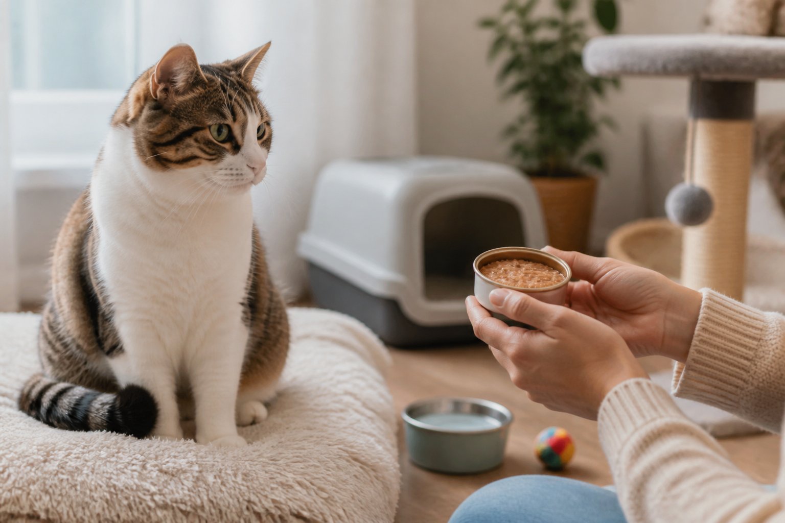 A domestic cat sitting comfortably on a blanket in a living room with a person holding a small container nearby and pet care items visible in the background.