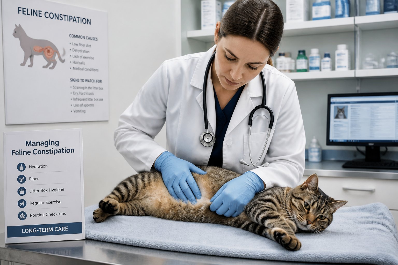 A veterinarian gently examining a domestic cat on an exam table in a veterinary clinic.