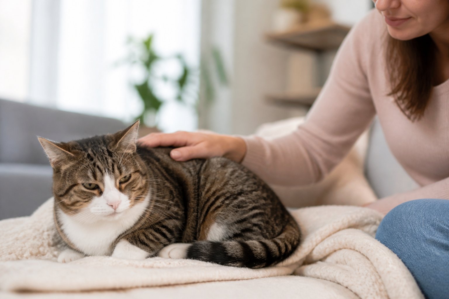 A domestic cat sitting on a blanket with a person gently petting it in a cozy home setting.