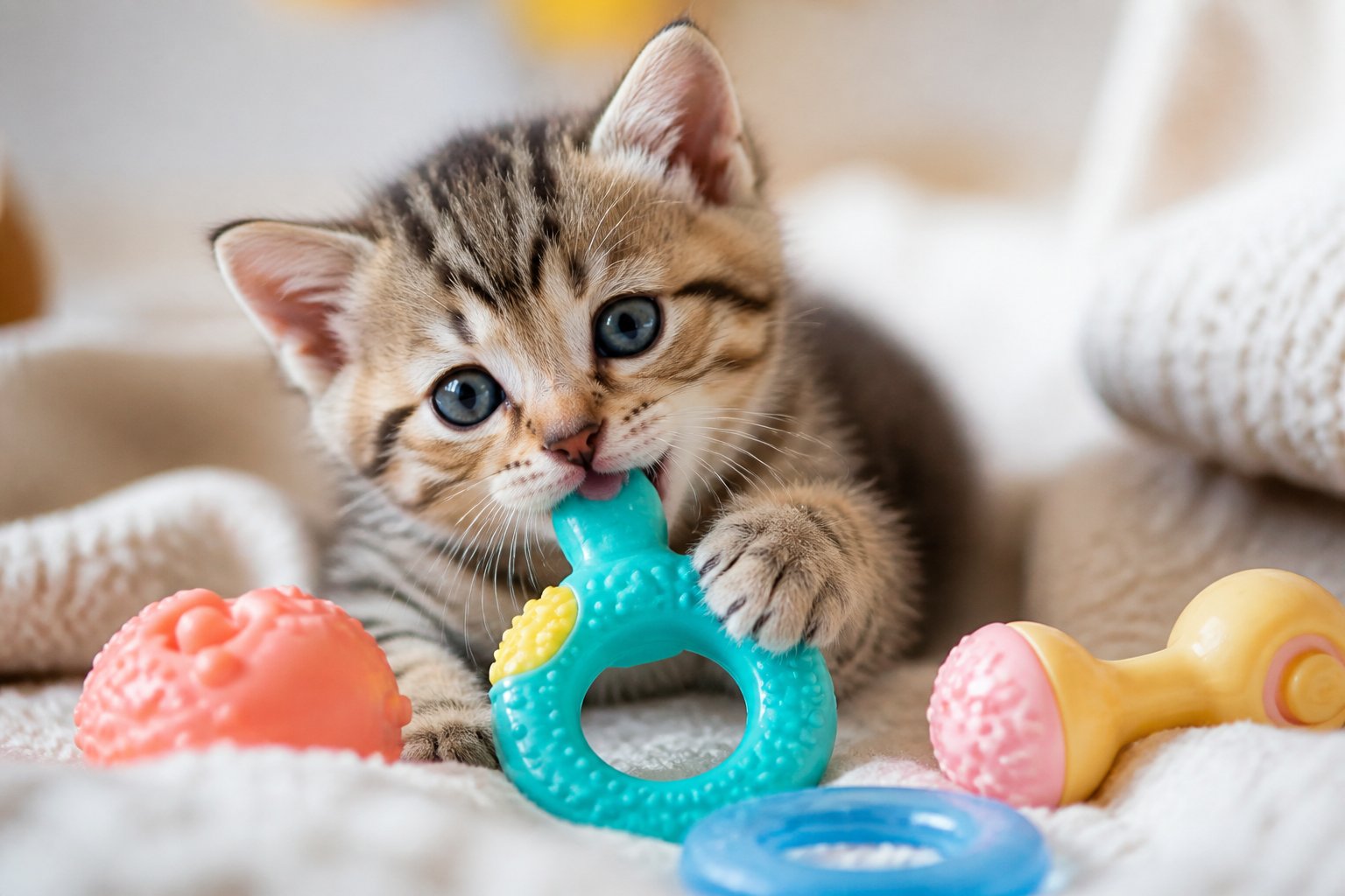 A small kitten chewing on a colorful rubber toy while sitting on a blanket with other safe chew toys nearby.