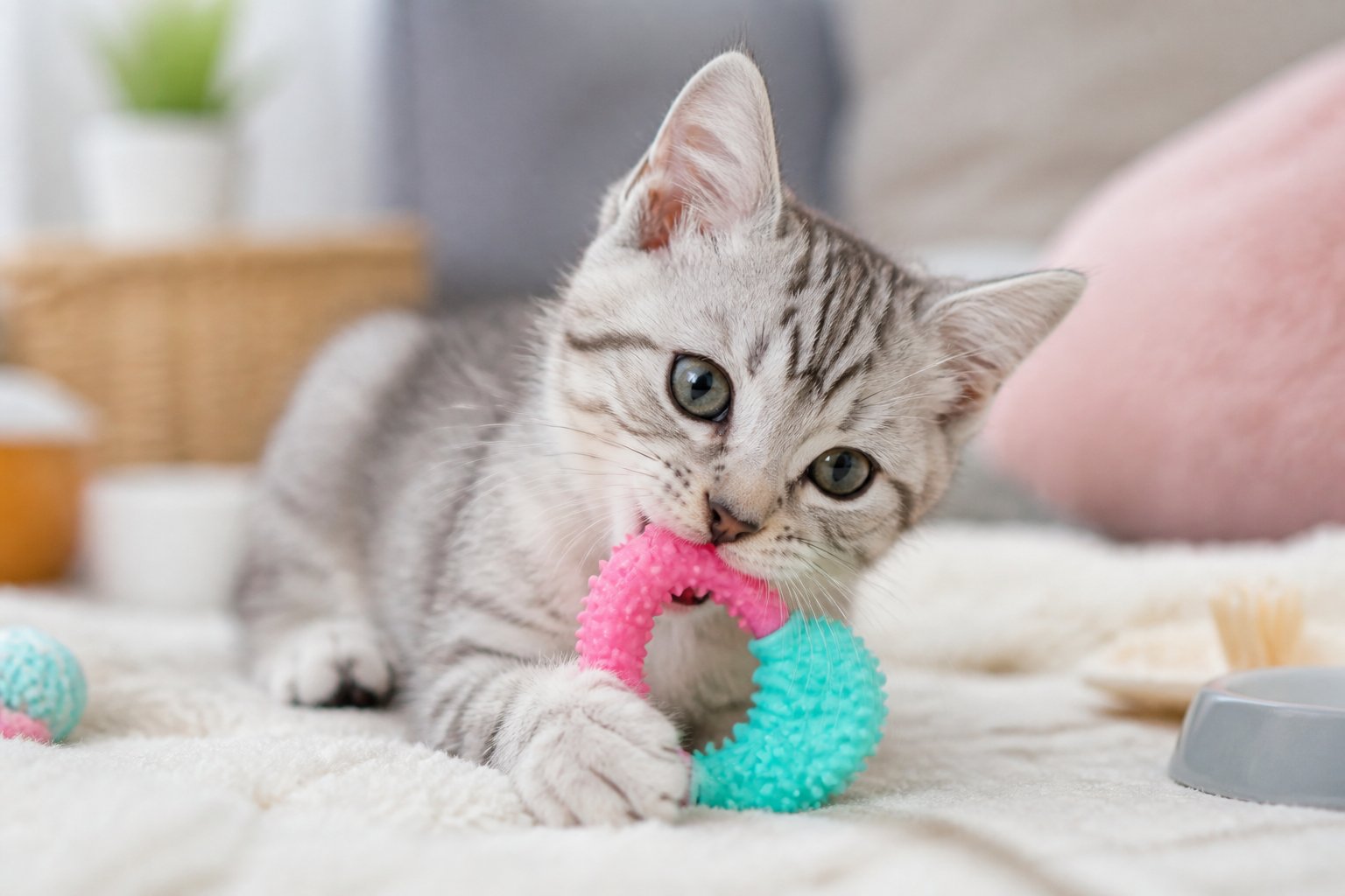 A young kitten chewing on a colorful rubber chew toy while sitting on a soft blanket indoors.