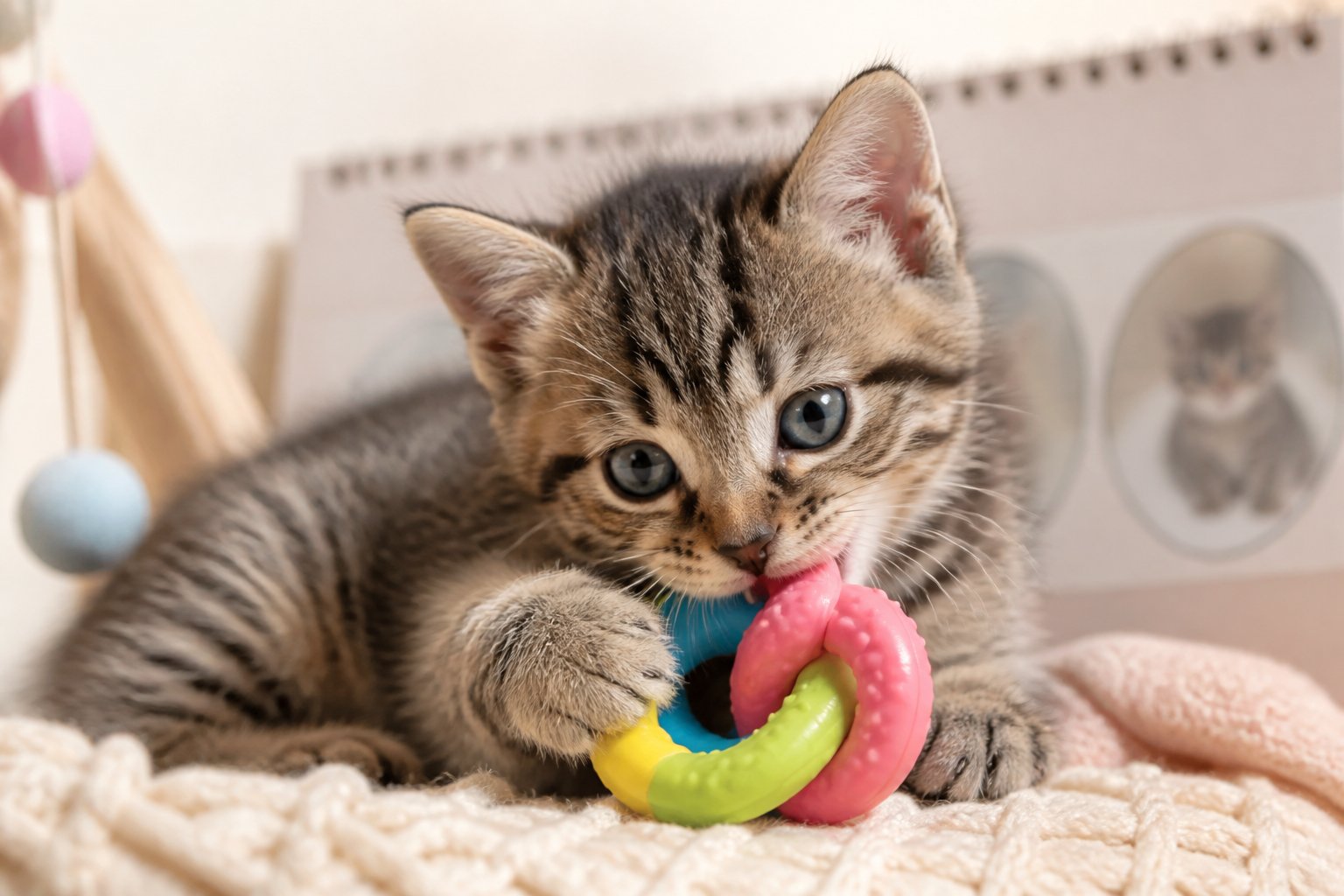 A young kitten chewing on a colorful rubber toy in a cozy indoor setting.