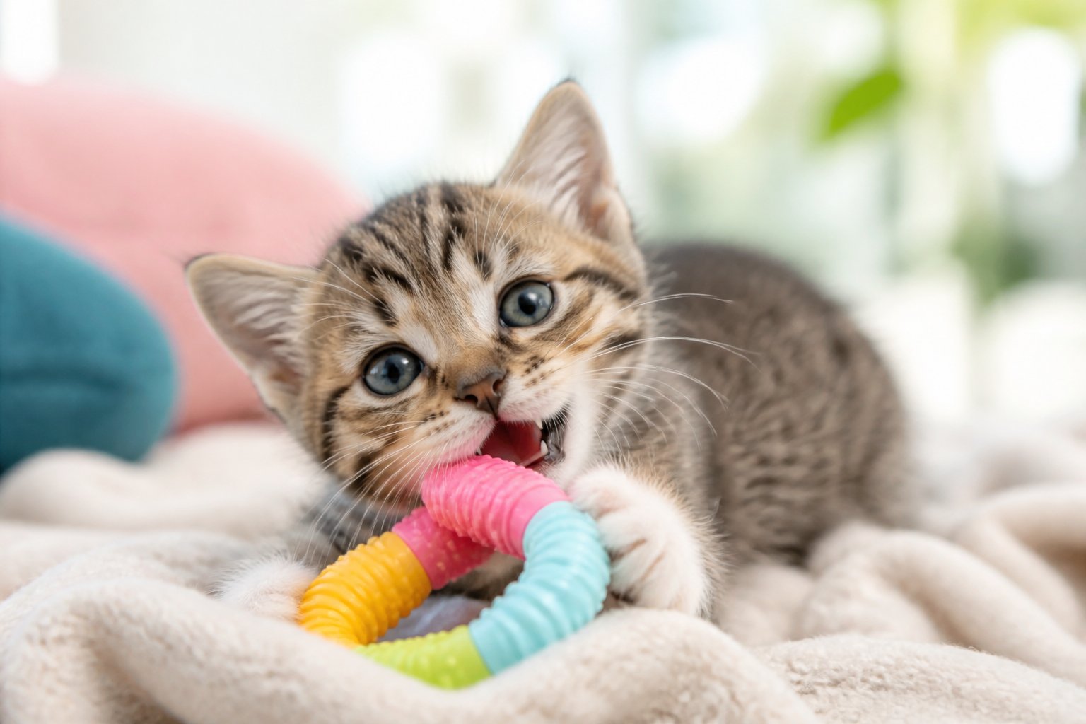 A small kitten chewing on a colorful rubber chew toy while sitting on a soft blanket indoors.