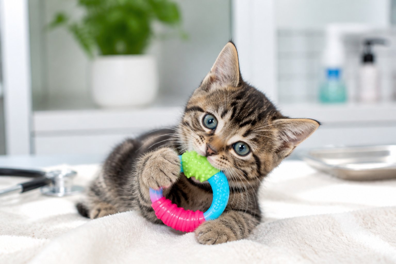A kitten chewing on a colorful rubber toy while sitting on a soft blanket indoors.