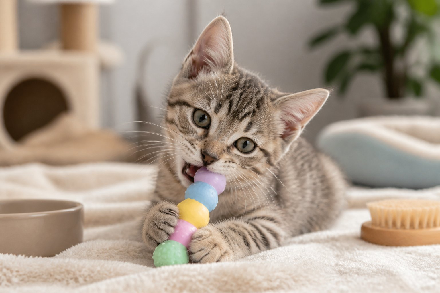A kitten chewing on a colorful safe chew toy while sitting on a soft blanket indoors.