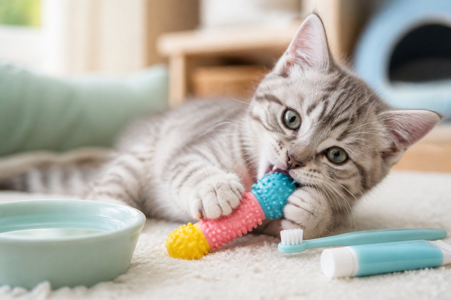 A playful kitten chewing on a colorful safe chew toy indoors with a kitten toothbrush and water bowl nearby.