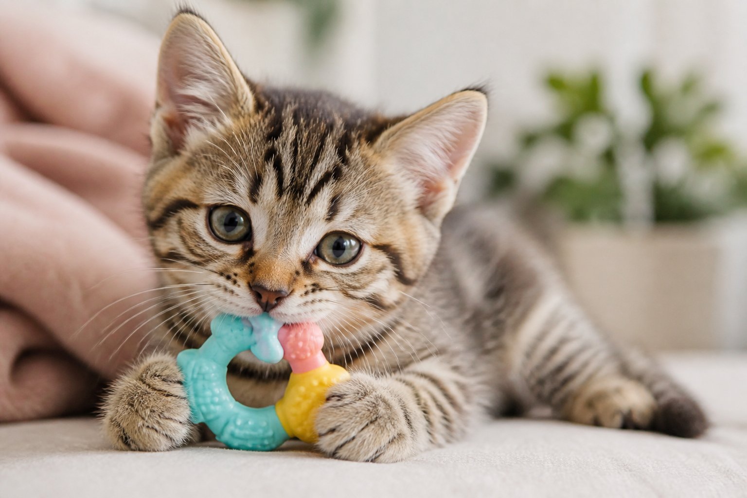 A young kitten chewing on a colorful toy while sitting indoors on a soft surface.